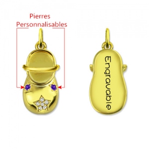 Collier Chaussure de Bébé-Pierres de Naissance et Gravure-Plaqué Or