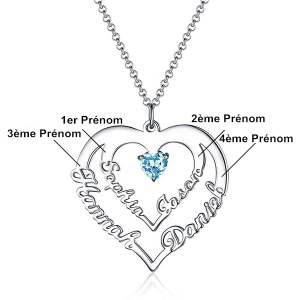 Collier Cœur d'Amour-4 Prénoms et Pierres de Naissance-Argent